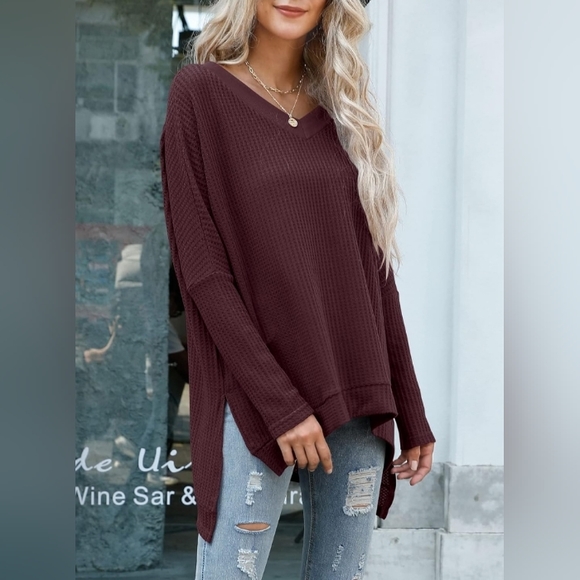 Oversized V-Neck Batwing Sleeve Waffle Knit Split Hem Tunic Maroon MSRP $39.99 - Picture 11 of 11